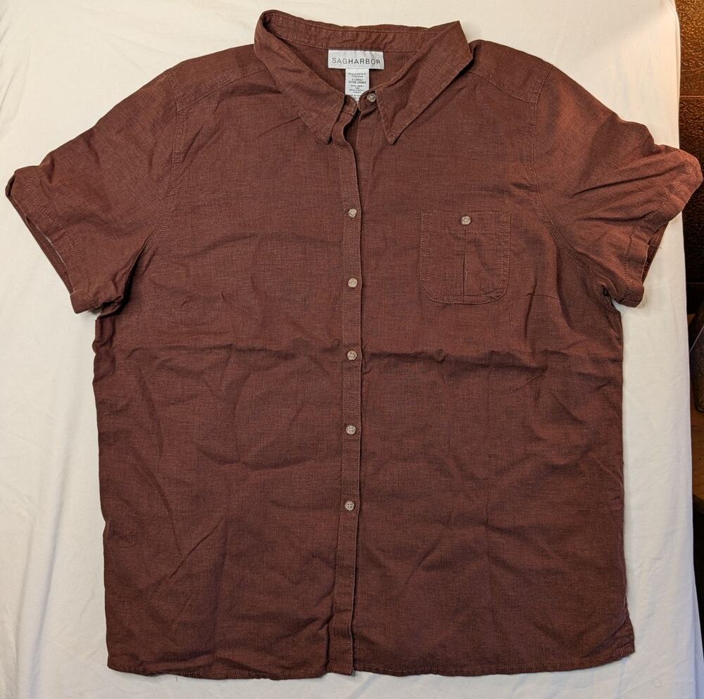 Linen Lyocell Button Up Camp Shirt Blouse Sz XL Brown Capsule Career Travel Work